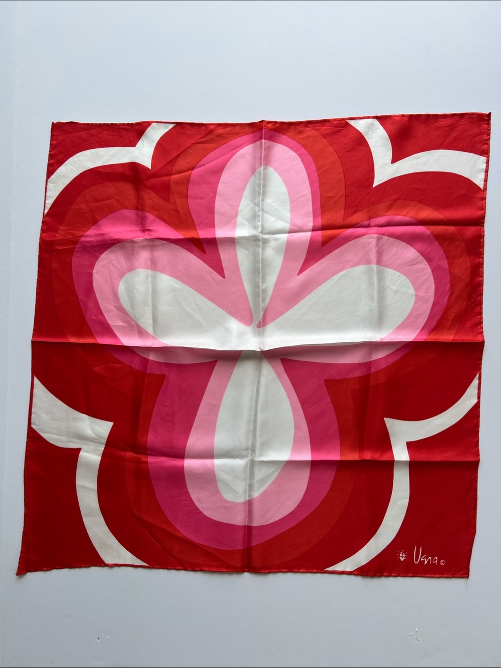 Vintage Vera Neumann Silk Scarf in Red pink  design handrolled silk blend 21” Sq